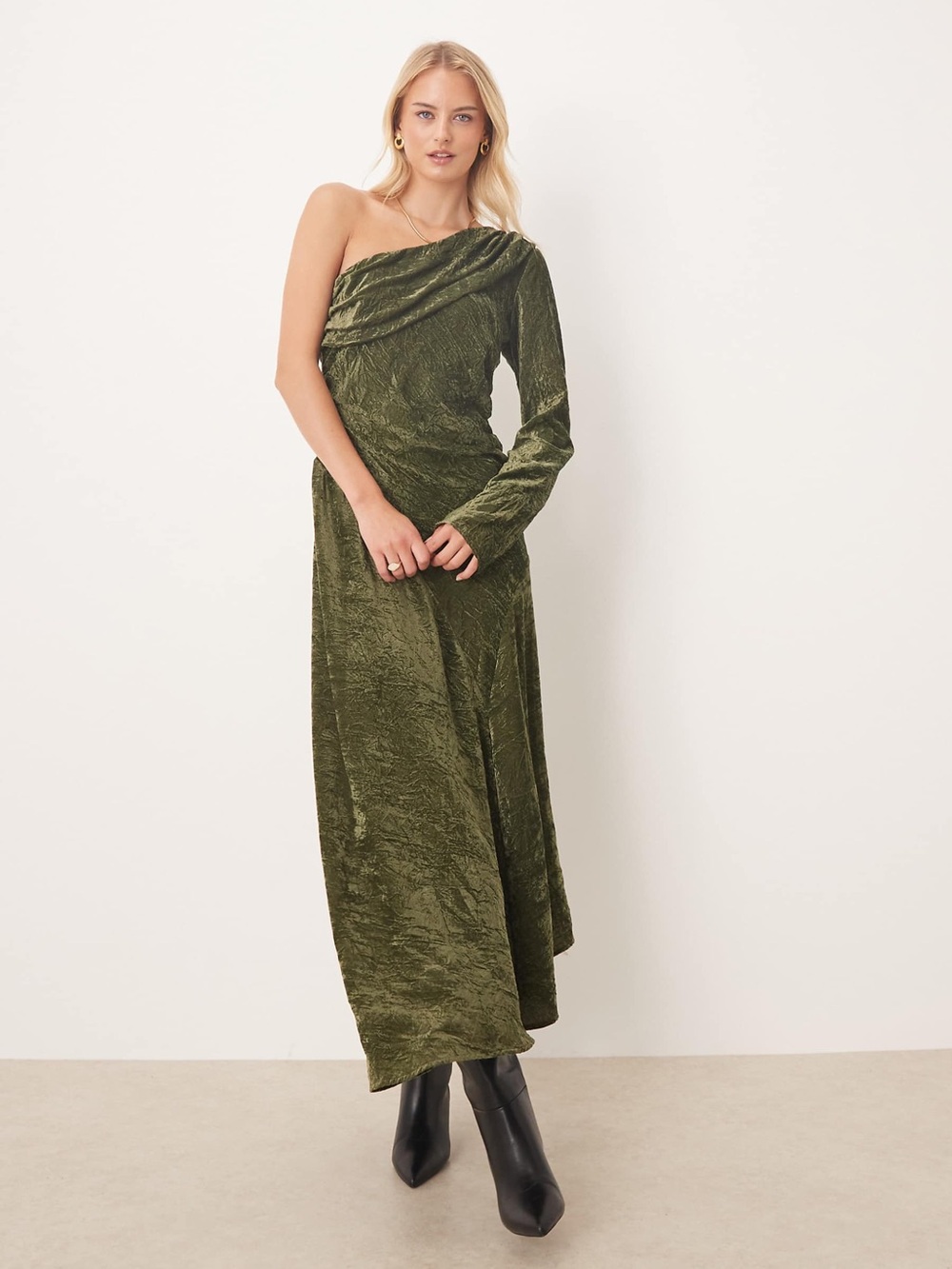 ASOS Design Olive Green Velvet One Shoulder Long Sleeve Maxi Dress NWT Size 16